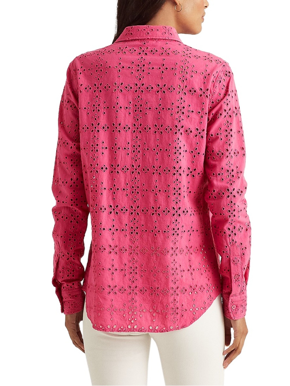 Lauren Ralph Lauren Hot Pink Eyelet Button Up Collared Long Sleeve Shirt Size SP - Picture 2 of 10